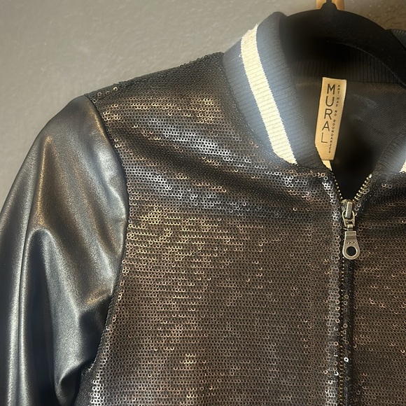 Black Vegan Leather & Sequin Varsity Jacket by Mural size XS - Picture 2 of 7